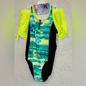 Girl's Floral 2-Piece Swimsuit Set with Neon Yellow Cover-Up Shorts